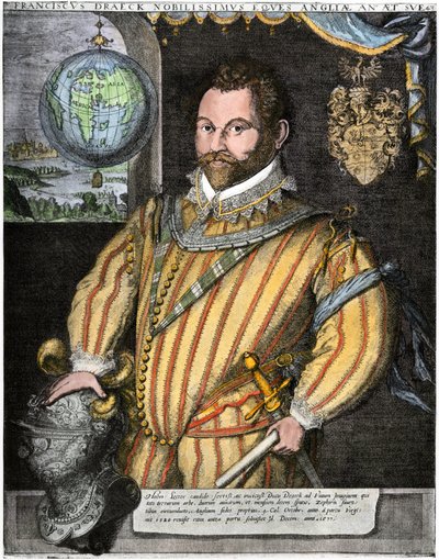 Porträtt av Sir Francis Drake (gravyr) av Jodocus Hondius