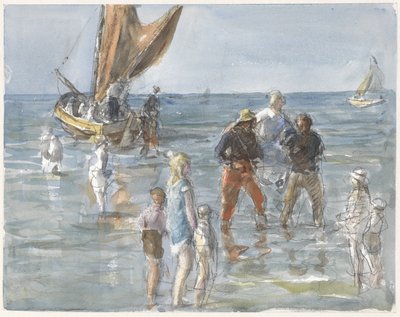 Dam som bärs från en båt till land av två fiskare av Johan Antonie de Jonge