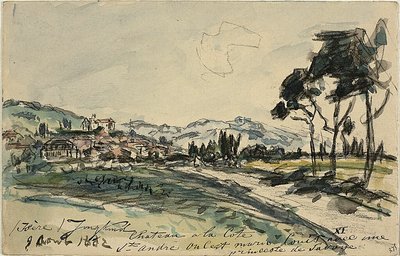 Chateau, Cote Saint Andre (recto) Tom vagn och skjul med andra skisser (verso) av Johan Barthold Jongkind