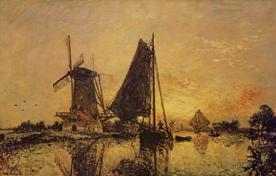 I Holland, båtar vid en väderkvarn, 1868 av Johan Barthold Jongkind