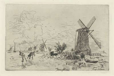 Landskap med väderkvarnar och skridskoåkare Batavia av Johan Barthold Jongkind