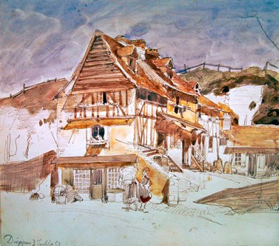 Gamla hus i Dieppe, Normandie, Frankrike, 1851 (penna, bläck och wc på papper) av Johan Barthold Jongkind