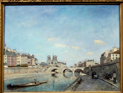 Utsikt över Seines strand och katedralen Notre Dame de Paris En peniche vid floden. Målning av Johan Barthold Jongkind (1819-1891) 1864 sön. 0,42x0,56 m Paris, musee d