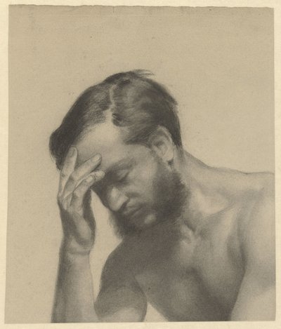 Fragment av en akademisk studie: man med höger hand i pannan av Johan Braakensiek