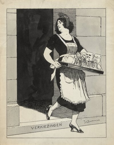 Design för illustration i De Amsterdammer: Den holländska jungfrun som piga med en bricka med glasögon snubblar över steget Val (17 maj 1924) av Johan Braakensiek