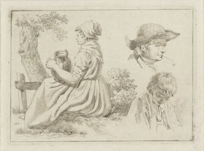 Sittande kvinna med en kanna, porträtt av en man med en pipa och en pojke av Johan Christiaan Willem Safft