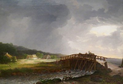 Danska: Bron över floden Tryggevælde med utsikt över Køge Bron över floden Tryggevælde med utsikt över Køge, Själland av Johan Christian Dahl