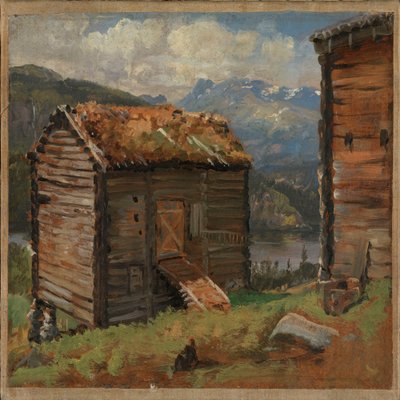 Gårdsbyggnader vid Hjelle i Valdres av Johan Christian Dahl