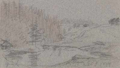 Landskap med flod, hus och skog av Johan Christian Dahl