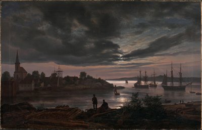 Norska:  Larviks hamn i månsken Larvik i månsken av Johan Christian Dahl