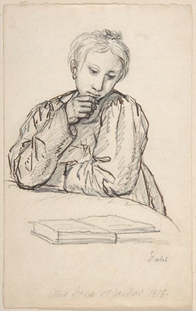Porträtt av Eline Marie Heger som barn, lutad mot ett bord, blickande i en bok av Johan Christian Dahl