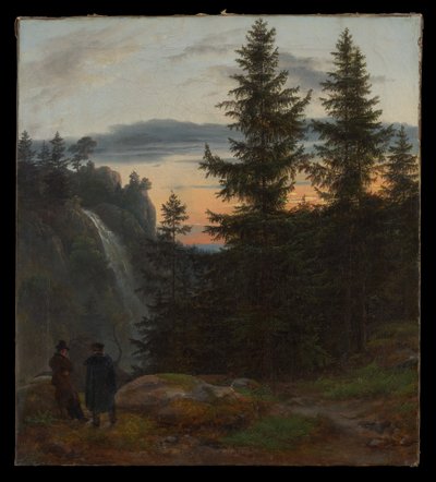 Två män framför ett vattenfall vid solnedgången av Johan Christian Dahl