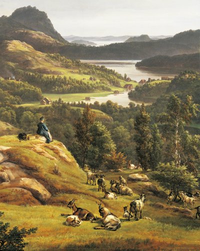 Utsikt över Lysenkloster nära Bergen av Johan Christian Clausen Dahl (1788-1857), Norge 1800-talet Detaljer av Johan Christian Dahl
