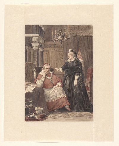 Två personer i en interiör, möjligen Maria de Medici och kardinal de Richelieu av Johan Coenraad Leich (signed by artist)