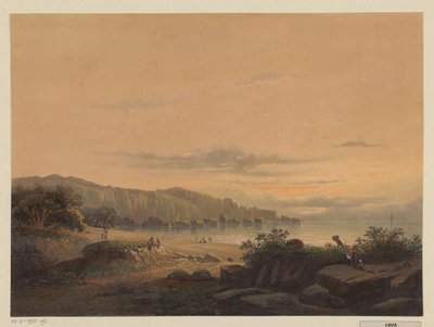 Utsikt över en vik i Java Den lilla bukten Srigonjo, South K. v. Java (Malang regency, resid. Passarouang.) (titel på objekt) av Johan Conrad Greive