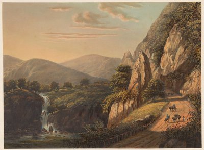 Vy över ett vattenfall och landsväg i Preanger på Java I Sumandan. (Preanger regencies.) (titel på objekt) av Johan Conrad Greive