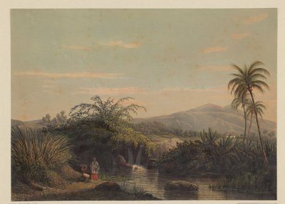 Två figurer vid ett vattenhål på Java Utsikt över landet Tjiliboet (assistentbostad Buitenzorg) (titel på objekt) av Johan Conrad Greive
