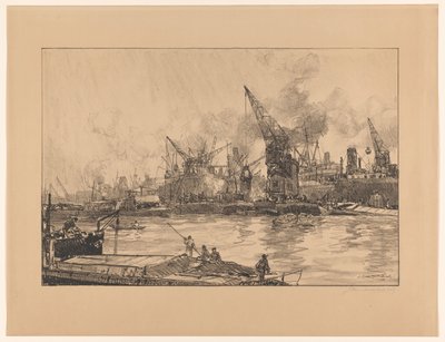 Utsikt över hamnen i Rotterdam, med olika kranar av Johan Hendrik van Mastenbroek (signed by artist)