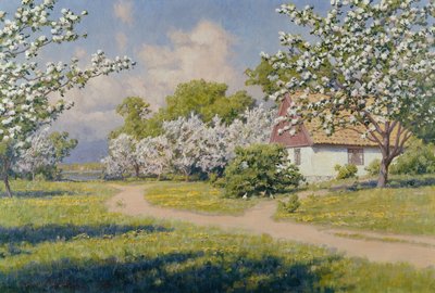 Ett skogslandskap med en stuga på våren av Johan Krouthén