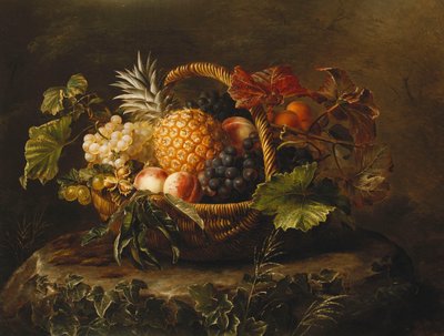 En ananas, vindruvor, persikor och aprikoser i en korg, av Johan Laurents Jensen