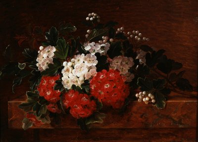 Aubepiner på en marmoravsats. Målning av Johan Laurentz Jensen (1800-1856) Privat samling. av Johan Laurents Jensen