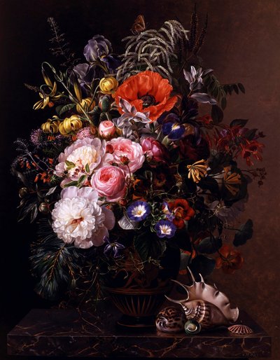 Vallmo, pioner, rosor och nasturtium i grekisk vas. Målning av Johan Laurentz Jensen (1800-1856) Privat samling. av Johan Laurents Jensen