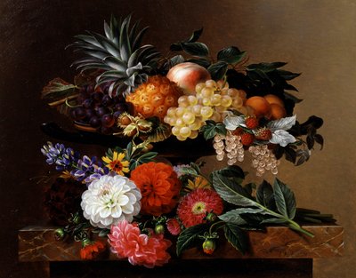 Dahlior, Lupiner och Coreopsis i en grekisk Kylix. Målning av Johan Laurentz Jensen (1800-1856) Privat samling. av Johan Laurents Jensen