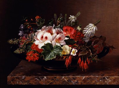 Vita pelargoner, penséer och ljung i en grekisk Kylix. Målning av Johan Laurentz Jensen (1800-1856) Privat samling. av Johan Laurents Jensen