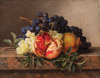 Granatäpplen och gröna och blå druvor på marmorram, 1833. av Johan Laurentz Jensen