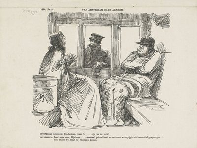 Tecknad film om de många olyckorna på Rhijnspoorweg, 1866 Från Amsterdam till Arnhem (titel på objekt) av Johan Michaël Schmidt Crans