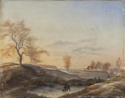 Vinterlandskap från Frederiksdal med skridskoåkare av Johan Stroe