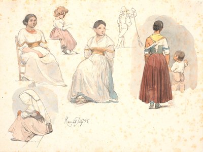 Fyra studier av italienska kvinnor, en med ett barn vid handen, samt en studie av ett barn och en studie av en gatusopare av Johan Thomas Lundbye