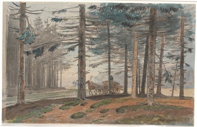 Granskog med en väg som en häst och vagn kör på med ett lass ved. I bakgrunden ett glänta i skogen av Johan Thomas Lundbye