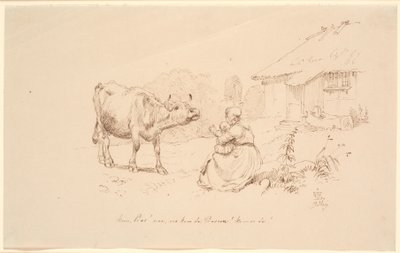 Kom Bos!. Utanför en bostad sitter en kvinna med ett barn och sträcker sig mot en ko av Johan Thomas Lundbye