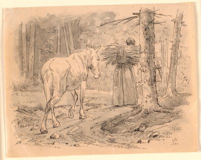 Hustrun och hästen. Illustration till Kaalunds "Fabler för barn". Se kommentar från arkkatalog. av Johan Thomas Lundbye