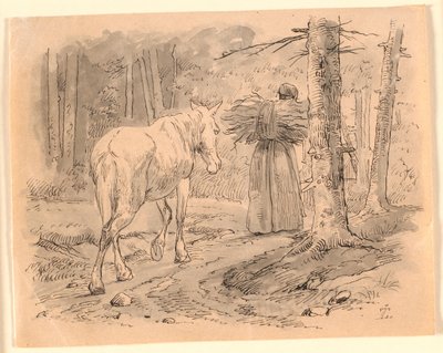 Hustrun och hästen. Illustration till Kaalunds "Fabler för barn". Se kommentar från arkkatalog. av Johan Thomas Lundbye