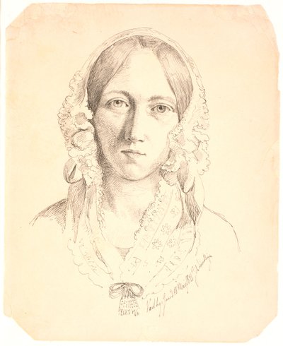 Porträtt av en ung kvinna, ett ansikte. Möjligen representerar Louise Marie Neergaard (1816-1895) av Johan Thomas Lundbye