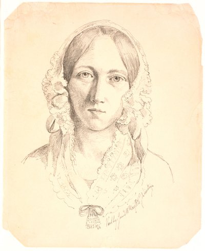 Porträtt av en ung kvinna, ett ansikte. Möjligen representerar Louise Marie Neergaard (1816-1895) av Johan Thomas Lundbye
