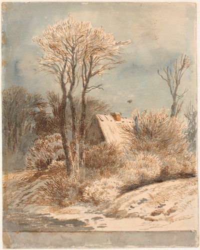 Snölandskap med hus mellan träd av Johan Thomas Lundbye