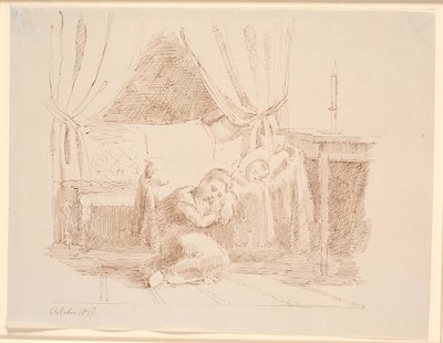 Sovrumsinredning med en liten flicka som sitter på golvet och sover, lutad mot en vagga med ett sovande barn av Johan Thomas Lundbye
