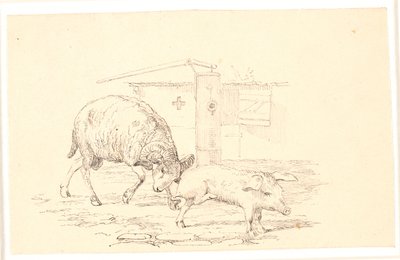 Baggen och grisen. Illustration till Kaalunds "Fabler för barn". Se kommentar från arkkatalog. av Johan Thomas Lundbye
