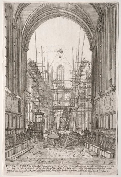 LArt Ancien Zurich: Utsikt i Franciskanernas kyrka, Barfüsser-Kirke, 1681. av Johan Ulrich Krauss