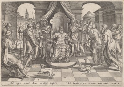 Mose och Aron inför farao av Johan Wierix, after Maarten van Cleef