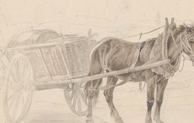 En vagn tecknad av en brun häst nära en lampstolpe, Verso: En grupp beridna officerare, ca. 1815. av Johann Adam Klein