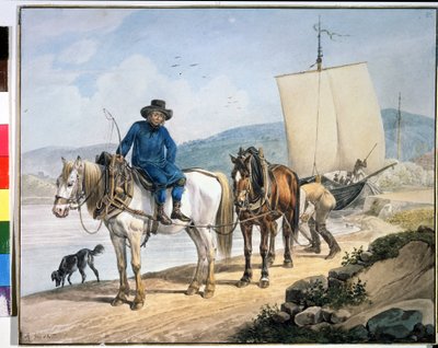 ""En häst och vagn vid floden"". Hästar längs en flod som bogserar en båt eller används för att lossa gods på en dragbana". Målning av Johann Adam Klein (1792-1875) av Johann Adam Klein