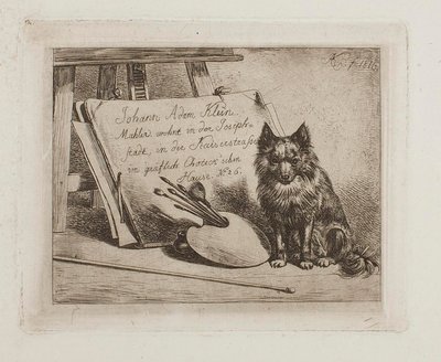 Sittande hund vid målarens verktyg och portföljen med konstnärens adress av Johann Adam Klein