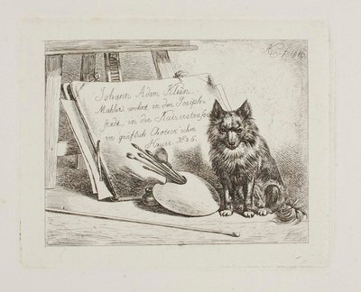 Sittande hund vid målarens verktyg och portföljen med konstnärens adress av Johann Adam Klein