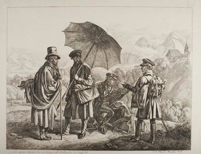 Ernst Welker, Johann Christoph Erhard och bröderna Heinrich och Friedrich Philipp Reinhold på en pittoresk resa från Salzburg till Berchtesgaden i augusti 1818 av Johann Adam Klein
