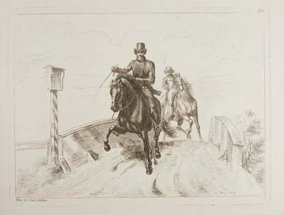 Två ryttare i galopp på en bro av Johann Adam Klein