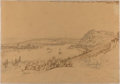 Vy över Koblenz med Rhen och fästningen Ehrenbreitstein (recto); Vy över Heidelberg slott (verso) av Johann Adam Klein